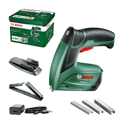 Image de Bosch Home and Garden Agrafeuse sans fil PTK 3,6 LI Office Set avec agrafeur de papier et brochures (batterie intégrée, V, lot d’agrafeurs, 30 frappes/min, dans une boîte en métal)
