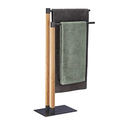 Image de Relaxdays Porte Serviettes Non Fixe, 2 Barres, Design géométrique, H x L P : 83,5 51,5 20 cm, Anthracite/Nature