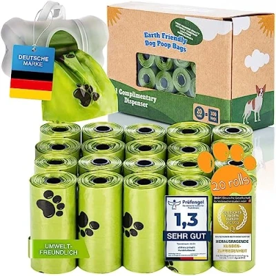 Image de Sacs à crottes pour chiens biologiques avec distributeur compostables de 100% biodégradables support laisse (750 sacs: 20 rouleaux + 2 distributeur)