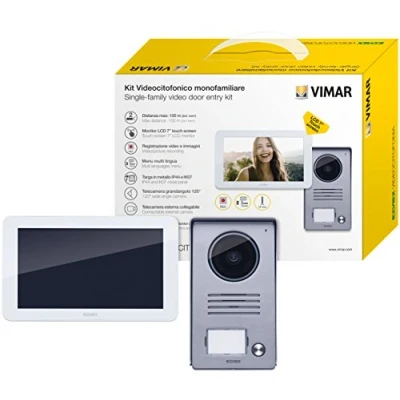 Image de Vimar K40915 Kit interphone vidéo écran tactile monofamilial avec alimentation multiprise, gris la plaque extérieure/blanc