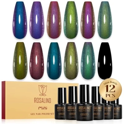 Image de ROSALIND Vernis Semi permanent Caméléon,12 Couleurs Bleu Violet Vert Or Caméléon Gel Permanent, Soak off Mini UV/LED Manucure