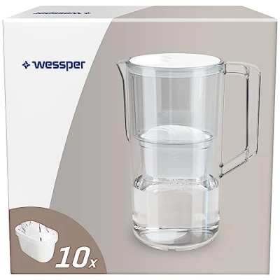 Image de Wessper Carafe Filtrante d&#039;eau 2,5 L Aqua Max Basic, Compatible avec Brita Maxtra, Système de Filtration Réduisant le Tarter et Chlore, Set Contient deux Cartouches Filtrantes d&#039;eau, Blanc