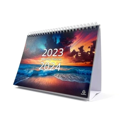 Image de Exacompta Réf GS047Z Calendrier de bureau mensuel septembre 2023 à octobre 2024, motif coucher soleil, mois par page, comprend les jours fériés britanniques, 210 mm x 150 mm, se tient en toute