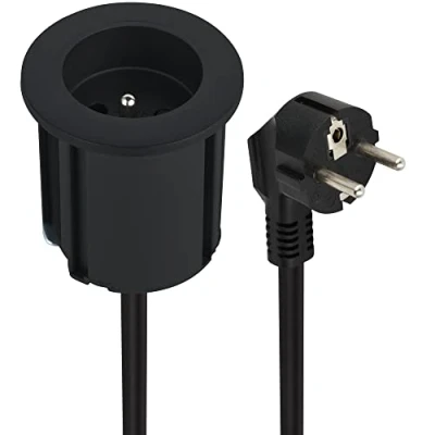 Image de Electraline 35457 Bloc Multiprise Encastrable Compacte avec 1 Prise 16A pour Bureau / Table, 54 mm de diamètre ou 60mm standard adaptateur (inclus), Facile a Installer, prolongateur 2M