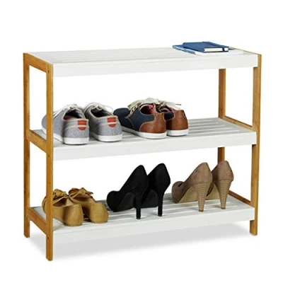 Image de Relaxdays, blanc/naturel Etagère à chaussures avec espaces de rangement, 3 étages, Bambou &amp; MDF, en différentes Tailles, bambou, 58,5 x 70 26 cm