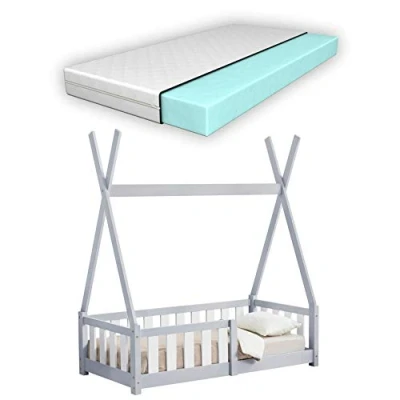 Image de [en.casa] Lit Tipi Enfant à Barreaux avec Matelas Pin Mousse Froid Polyester Couleur Grise Claire Mate Laquée 146x76x165cm
