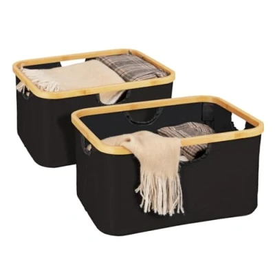 Image de WENKO Panier Ecori par lot de 2, paniers rangement pliables, 28 litres, structure en bambou certifié FSC®, textile polyester recyclé, 40 x 21,5 33, naturel/noir