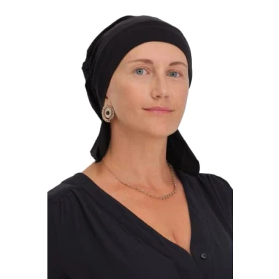 Image de Deresina Bonnet froncé avec pélerine à l&#039;arrière pour perte de cheveux, chimio, Noir , taille unqiue L