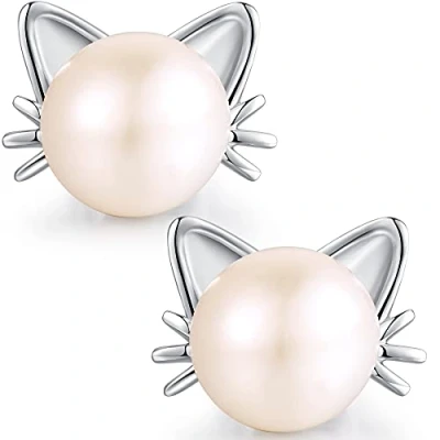 Image de Boucles d&#039;Oreilles Chat Perle Mignon Argent Sterling d&#039;Eau Douce Femmes Kitty Goujon 8mm