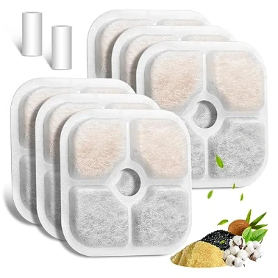 Image de Filtre Fontaine Eau Chat, Lot De 6 Filtres Remplacement pour à 2L/2.5L Triple Action avec Charbon Actif, 2 Tuyaux