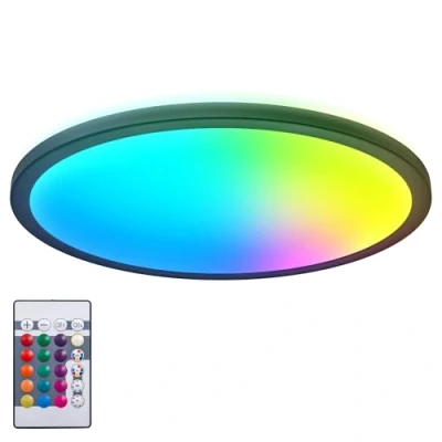 Image de B.K.Licht I Plafonnier LED RGB rond Panneau ultraplat Changement de couleur RGBW à intensité variable Éclairage indirect Télécommande Noir