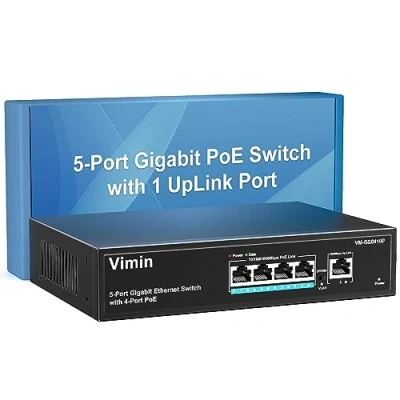 Image de VIMIN Commutateur PoE Gigabit 4 Ports avec 1 Port Montant Gigabit, Ethernet Non Géré 5 Une Puissance de 72W, Prise en Charge IEEE802.3af/at, VLAN, Boîtier Métal