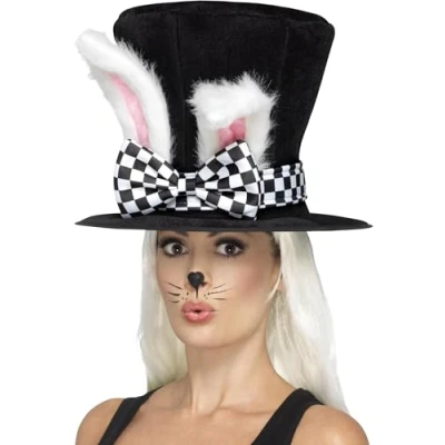 Image de Smiffys Haut de forme lièvre en rut partie thé, noir et blanc, avec oreilles lapin attachées