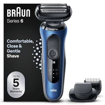 Image de Braun Series 6 61 B1500s Rasoir Électrique Pour Homme Avec Accessoire Tondeuse À Barbe EasyClick, SensoFlex, Technologie Wet &amp; Dry, Rechargeable, Grille Sans Fil, Bleu