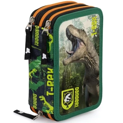 Image de Trousse Scolaire Complète 45 Pièces Kit Créatif Triple Compartiment avec Stylos Gel Effaçables, Crayons 4.0 mm, Feutres Idée Cadeau Garçon Design Dinosaure T Rex Julian Ross