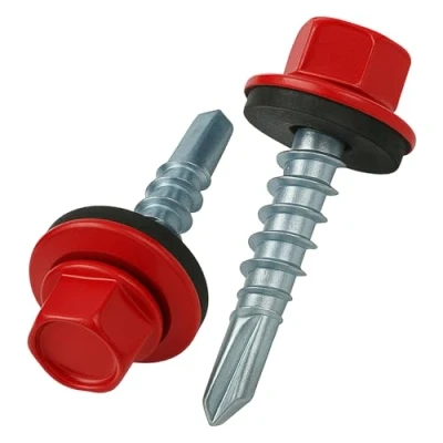 Image de 4.8 mm x 28 vis de toiture, tête hexagonale autoperceuse colorée (RAL 3003 Rouge rubis) toit avec rondelle scellée en EPDM, à gros filets trempés zingués antirouille (50 pièces)