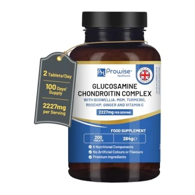 Image de Complexe de glucosamine et chondroïtine 2227 mg par portion 200 comprimés haute résistance 8 composants nutritionnels Fabriqué au Royaume Uni Prowise