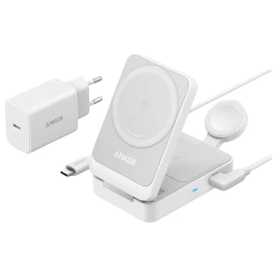 Image de Anker MagGo Chargeur Induction iPhone 3 en 1 Magsafe 15W, Base de Recharge sans Fil Certification Qi2 Compatible avec MagSafe, pour 16/15/14/13 AirPods Watch(Chargeur USB C 40W Inclus)