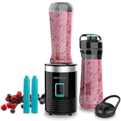 Image de Cecotec Mixeur Portable Individuel Power Titanium 300 EasyGo. 350W, Pile la Glace, Lames à 4 Branches, Revêtement en Titane Noir, Comprend 2 Tubes Réfrigérants, Gobelets Portables et Couvercles