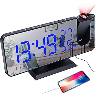 Image de Reveil Projecteur Plafond, Radio Horloge Numérique avec Température et de l&#039;humidité LED Écran Miroir , Chargeur USB Port 180 Projection Double Alarme Snooze Loud pour Chambre, Bureau(Noir)