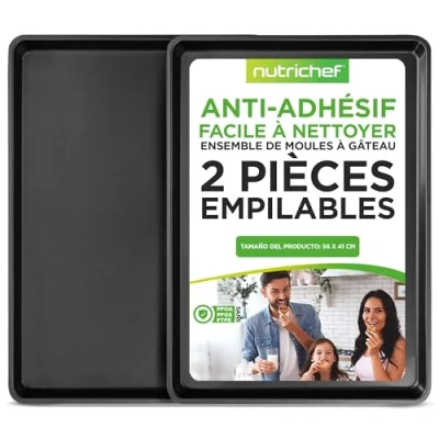 Image de Nutrichef Plaque à biscuits antiadhésive 2 grandes plaques de cuisson en métal, ustensiles antiadhésifs, revêtement noir métallique élégant, sans PFOA, PFOS PTFE NCLGBP16