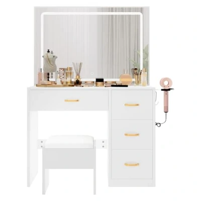 Image de YITAHOME coiffeuse avec éclairage LED réglable et prises, miroir, 4 tiroirs tabouret, blanche