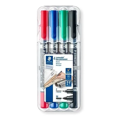 Image de Staedtler Lumocolor 348, Feutres indélébiles à double pointe, pointe moyenne de 1.5 mm et fine 0.6 mm, Étui chevalet avec 4 couleurs assorties, 348 WP4