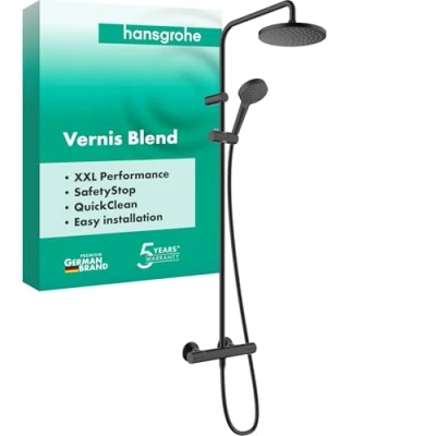 Image de hansgrohe Vernis Blend Colonne de douche avec mitigeur thermostatique, pluie 240 mm robinet, douchette, support, flexible douche, barre et tête ronde, Noir mat, 26276670
