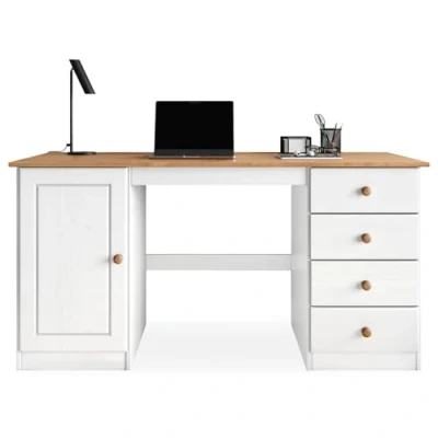 Image de IDIMEX Bureau avec Rangement Manager L 145 cm en Bois Massif, Coloris Blanc et chêne, 4 tiroirs 1 Porte battante, Un Large Plateau, Style Classique