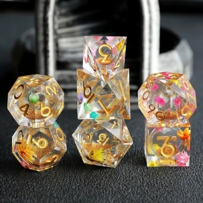 Image de Set de Dés DND Sables Mouvants Résine Polyédriques Sharp Edge Dice 7 pièces Faits à la Main pour Donjons D4 D6 D8 D10 D12 D20 D% et Dragons Ttrpg Pathfinder RPG Jeu Role avec Boîte Cadeau