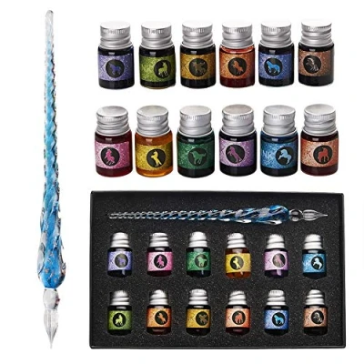 Image de mancola Lot de 12 stylos à encre en verre trempé fait main avec encres colorées pour l&#039;art, les signatures, la calligraphie, le dessin, décoration, cadeau débutants et artistes