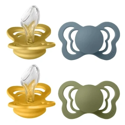 Image de Tétine BIBS Couture. Lot de 4 sucettes. Sans bisphénol A, Téterelle anatomique. Silicone, Fabriqué au Danemark, Taille 2 (6 18 mois), Mustard Mix