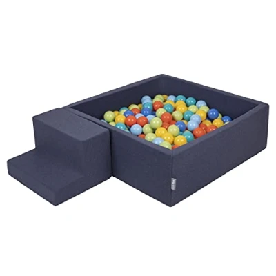 Image de KiddyMoon Aire De Jeux en Mousse avec Carré Piscine À Balles (200 Balles) pour Enfants, Bleu Foncé:Vertclr/Orange/Turq/Bleu/Babybl/Jaune