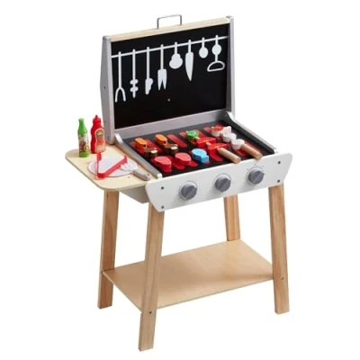 Image de VEVOR jouet barbecue grill set, 21 PCS, ensemble de cuisine en bois pour enfant avec aliments et outils grillades, jeu petit chef interactif d&#039;intérieur/extérieur cadeau 3 8 ans