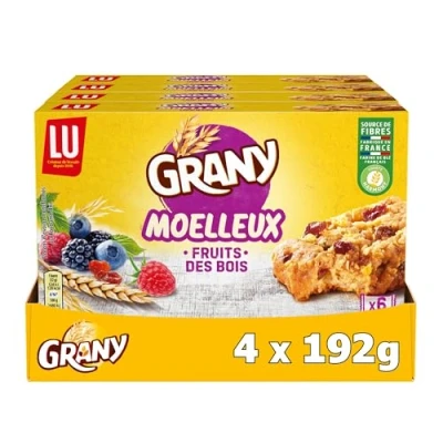 Image de LU Grany 4 Boîtes de 6 Sachets Moelleux Fruits des Bois Biscuits 3 Céréales et Source Fibres Petit Déjeuner Gourmands Pratiques à Emporter Lot 4x192g