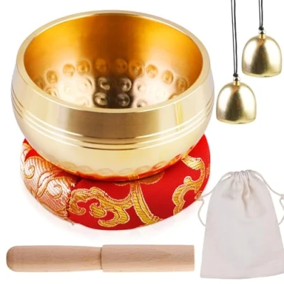Image de Ensemble de bols chantants tibétains Fait à la main Pour guérison, méditation, le yoga, chant au Népal Avec maillet en bois, coussin bol chantant, cloche laiton
