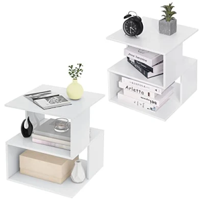 Image de EUGAD Lot de 2 Tables Chevet Blanc, Table d’appoint, Nuit, Basse Design Moderne, Petite Bibliothèque avec Étagères pour Salon, Chambre à Coucher, 40x40x43,5cm, 0166ZZ