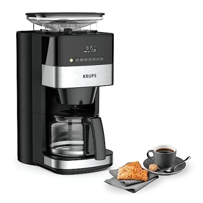 Image de Krups Grind Aroma Cafetière filtre programmable, Broyeur à grains automatique intégré, Café ou moulu, 1,25 L, 10 tasses, Arrêt automatique, Ecran numérique KM832810