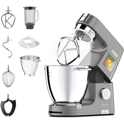 Image de Kenwood Titanium Chef Patissier XL KWL90.034SI, Robot Balance Intégrée, Batteur K, Pétrin, Fouet, Souple, Deux Bols, Couvercle Anti Projections, 1400W, Acier, Argent