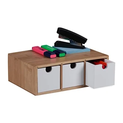 Image de Relaxdays Boîte à tiroirs, Bambou et MDF, Mini Commode 3 Compartiments, HxLxP : 9 x 26 18 cm, Organiseur, Nature/Blanc