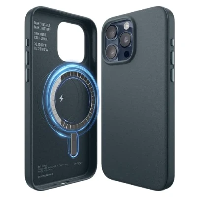 Image de elago Coque Cuir Magnétique Compatible avec iPhone 15 Pro Max, MagSafe, PU Végétal Première Qualité, Aimants Puissants Intégrés, Protection Complète [Structure à 5 Couches] (Bleu)