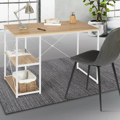 Image de Bureau industriel droit avec plateaux bois et métal blanc