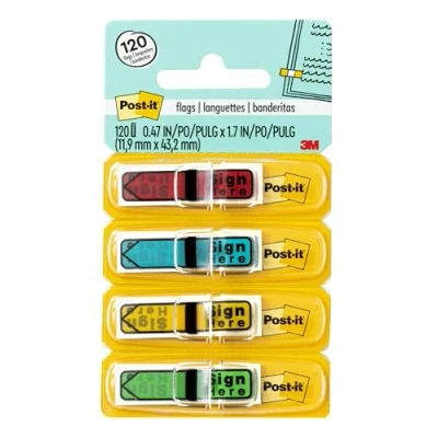 Image de Arrow Message 1/2&quot; Flags, &quot;Sign Here&quot;, 4 Colors w/Dispensers, 120/Pack