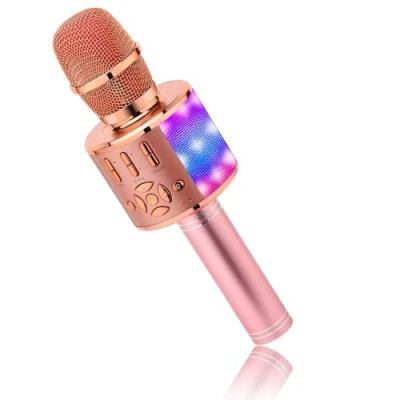 Image de BONAOK Microphone Bluetooth sans Fil, Micro Enfants avec Lumières LED, Mini Machine Karaoké pour Fête/Maison/Anniversaire, Compatible iOS Android (Or Rose)