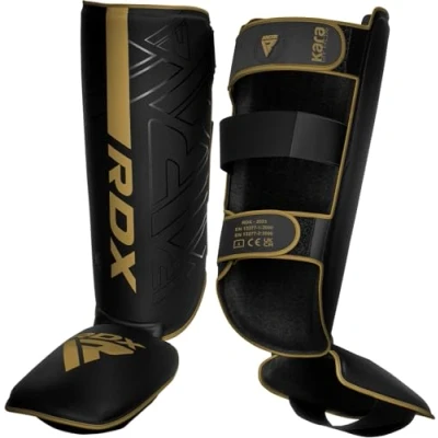 Image de RDX Protège Tibia Boxe Thai Kick Boxing Arts Martiaux MMA D&#039;entraînement, Maya Hide Cuir Kara Protege Muay Krav Maga Sparring BJJ Karaté et Combat Libre Training Pied Protection, d&#039;or, XL