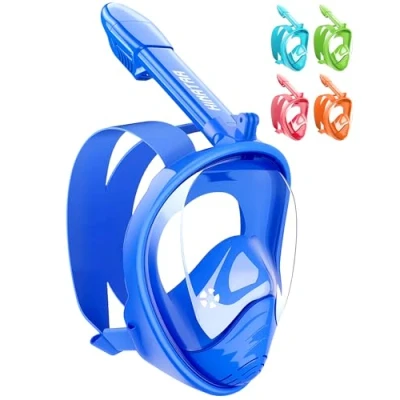 Image de HINATAA masque de plongée avec tuba pour enfants, vue panoramique à 180 , respiration libre, intégral anti buée et fuite, convient aux enfants âgés 4 15 ans (bleu)