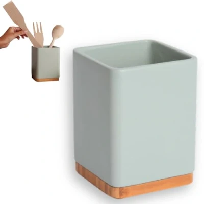 Image de KOOK TIME Pot à Ustensiles de Cuisine en Céramique et Bambou Porte Couverts pour un Rangement Pratique Design Élégant Vert Sauge 10,5 x 15 cm
