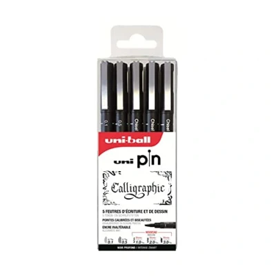 Image de Uni Pin BALL Mitsubishi Pencil 5 Feutres d’Écriture Spécial Calligraphie Pointes Calibrées et Biseautées Fines à Moyennes Pour Calligraphier, Dessiner, Tracer, Encrer
