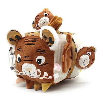 Image de LES DEGLINGOS Cube d&#039;activités en tissu Speculos le tigre Jouet d&#039;éveil sonore et tactile pour bébé de développement Cadeau Naissance 12cm Ocre