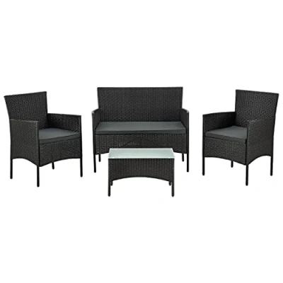 Image de Juskys Ensemble de Meubles en polyrotin Fort Myers 4 Personnes avec canapé 2 Places, chaises, Table et Coussins d&#039;assise mobilier Jardin r Couvertures Noires Gris foncé, Milieu